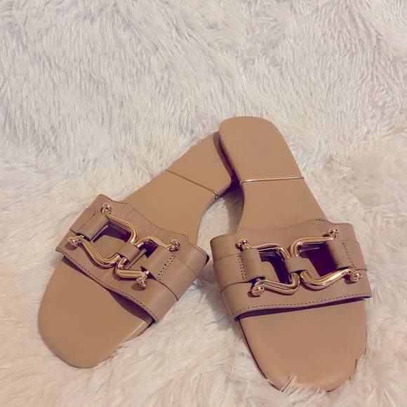 ZARA Tan Leather Flat Sandals with Saddle Buckle Size 11 - Picture 4 of 9